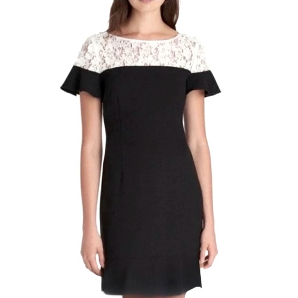 KARL LAGERFELD, Lace Trimmed Floral Applique Yoke, Black & White Dress Sz 0, EUC - Picture 1 of 11